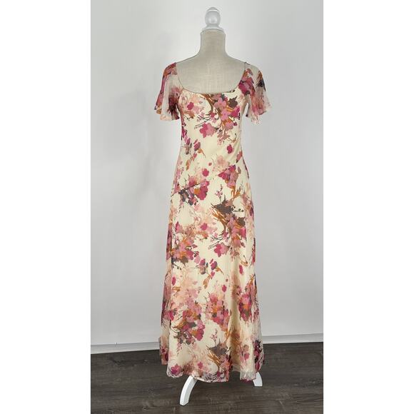ASOS V Neck Lace Chiffon Floral Midi Tea Dress Womens Size 4 New Cream Pink - Picture 11 of 14